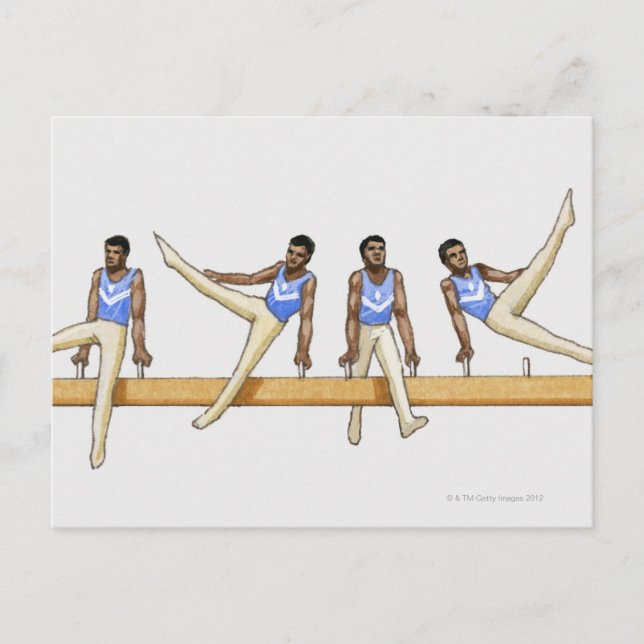 Sekvens på illustrationer som visar manliga gymnas vykort (Framsida)