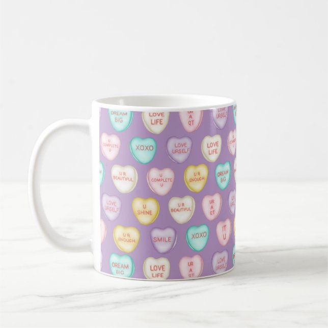 Self Kärlek Candy Hearts - Lila Coffee Mugg (Vänster)