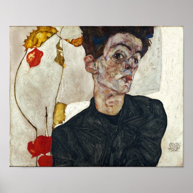 Self-Porträtt med Physalis | Egon Schiele | Poster (Framsidan)