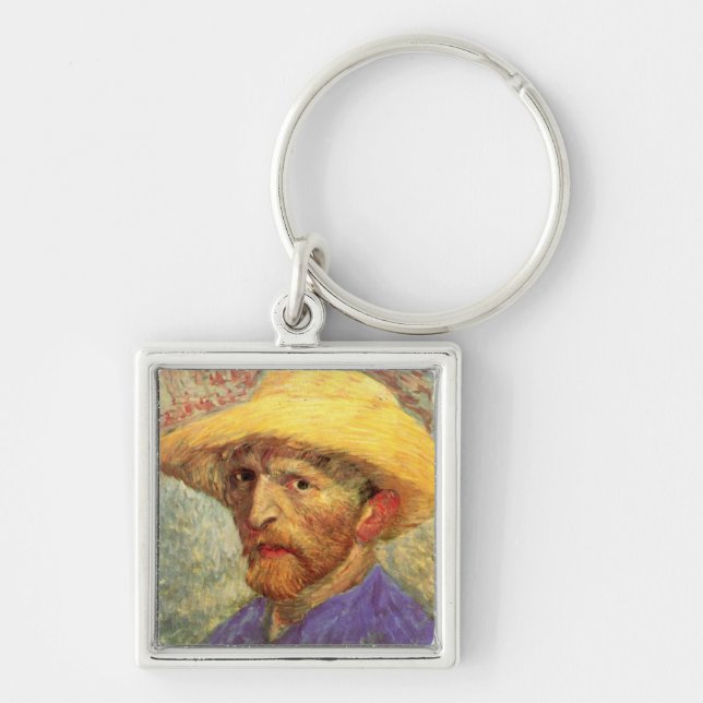 Self-Porträtt med Straw Hat Van Gogh Fine Art Fyrkantig Silverfärgad Nyckelring (Framsidan)
