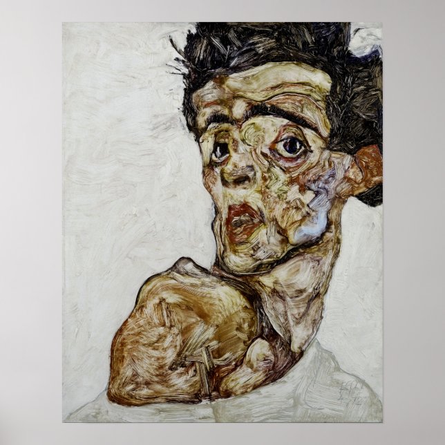 Self-porträtt med upphöjt bare skuldra av Schiele Poster (Framsidan)