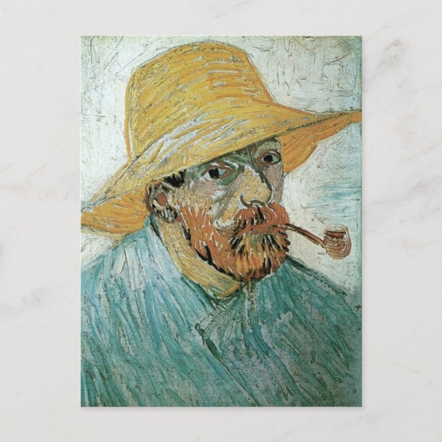 Self Porträtt, Pipe, Straw Hat, Van Gogh Fine Art Vykort (Framsida)