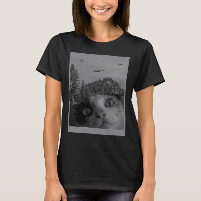 Selfie Cat Memal UFO Sätter Alien Conspiracy Sci T Shirt (Framsida)