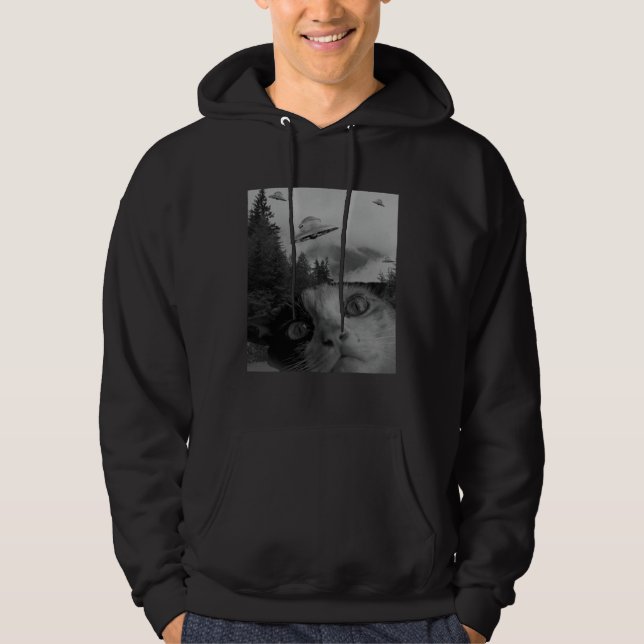 Selfie Cat Meme UFO Sighting Alien Conspiracy Sci  Hoodie (Framsida)