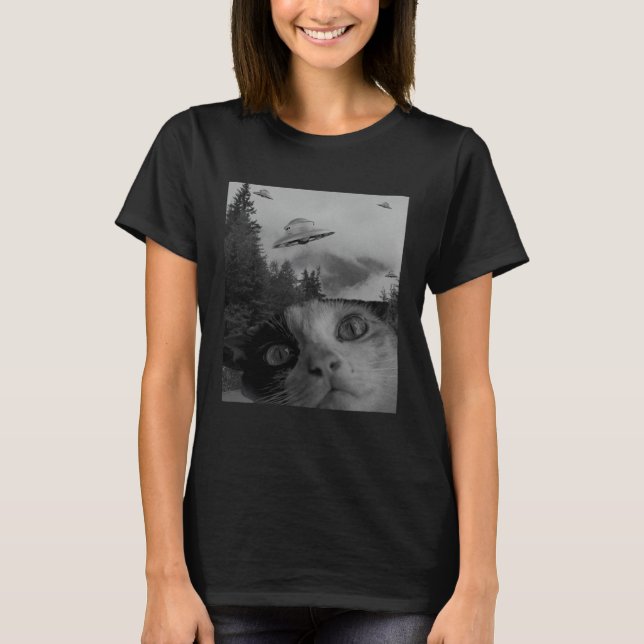 Selfie Cat Meme UFO Sighting Alien Conspiracy Sci  T Shirt (Framsida)