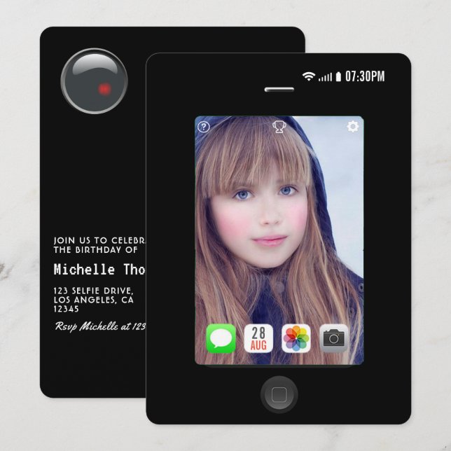Selfie Födelsedagsfest Photo Inbjudningar (Fram/baksida)