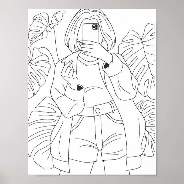 Selfie Girl Coloring Page Poster (Framsidan)