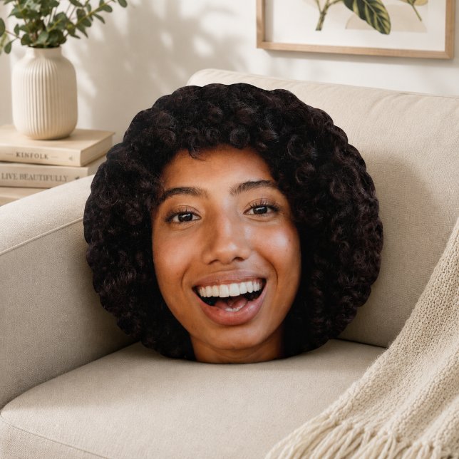 Selfie Kastkudde | Anpassad Ansiktsfoto Skämtprese Rund Kudde (Funny selfie pillow gift for friends, partners, family, roommates, and party surprises.)