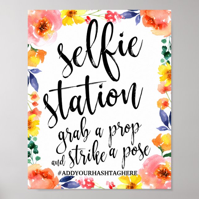 Selfie Station Blommig Akvarell 8x10 Bröllopsskylt Poster (Framsidan)