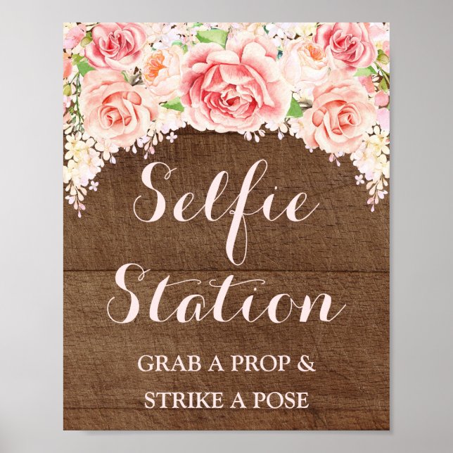 Selfie Station Bröllop Rosa Watercolor Wood Poster (Framsidan)
