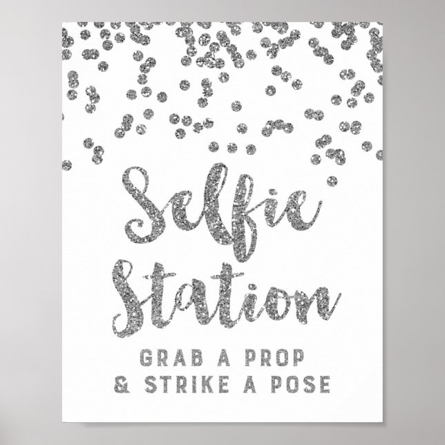Selfie Station Bröllop Sign Silver Confetti Poster (Framsidan)