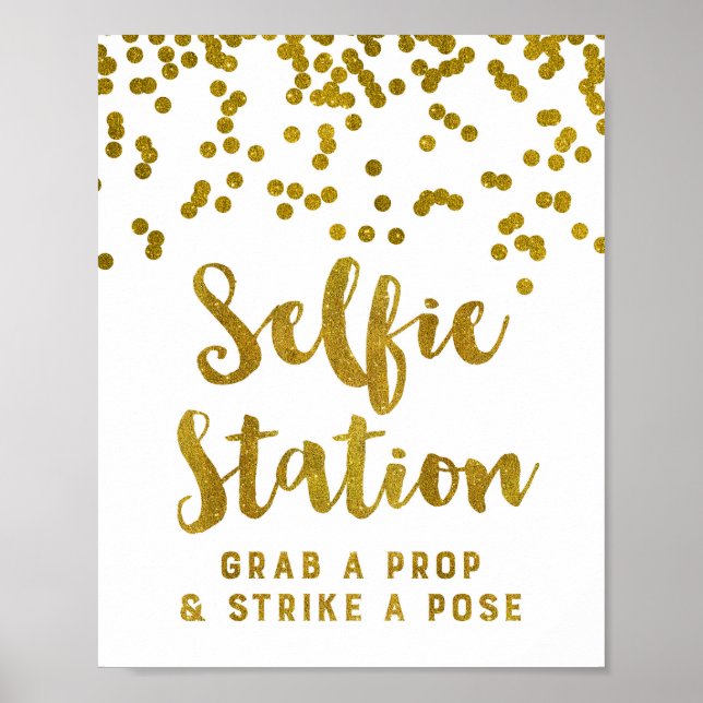 Selfie Station Bröllopsskylt Guld Konfetti Poster (Framsidan)