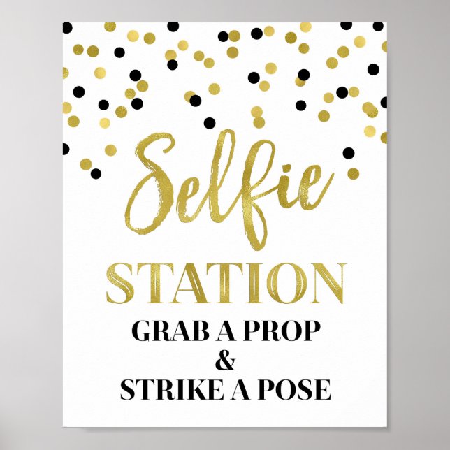 Selfie Station Bröllopsskylt Guld Svart Konfetti Poster (Framsidan)