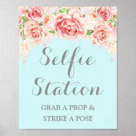 Selfie Station Bröllopsskylt Rosa Akvarell Blå Poster