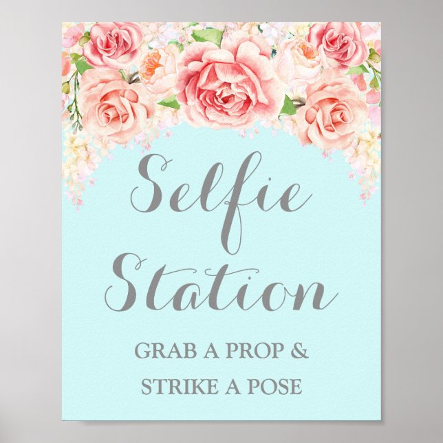 Selfie Station Bröllopsskylt Rosa Akvarell Blå Poster (Framsidan)