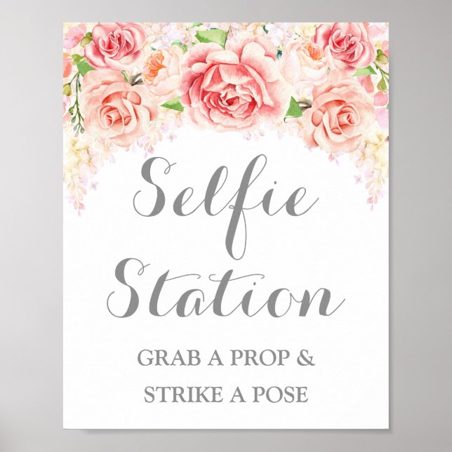 Selfie Station Bröllopsskylt Rosa akvarell blomste Poster (Framsidan)