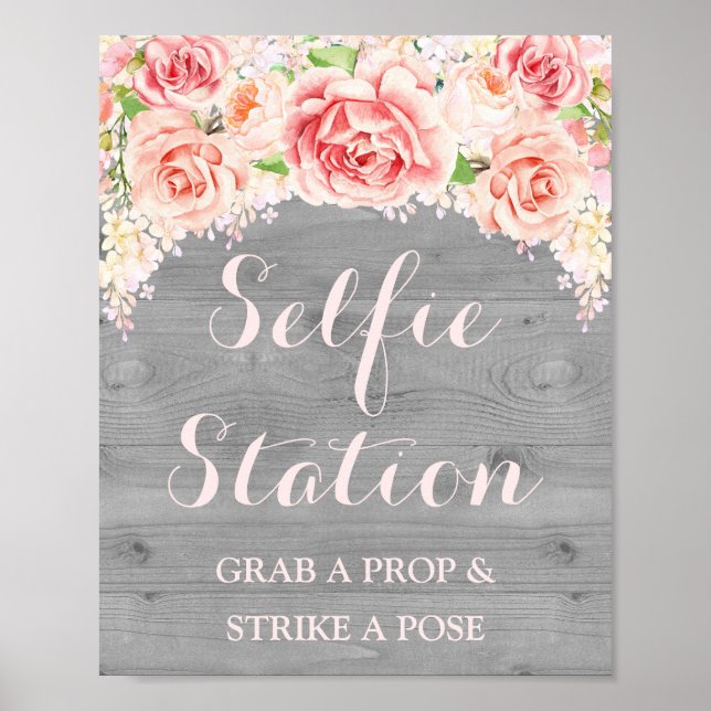 Selfie-station Bröllopsskylt Rosa akvarellträ Poster (Framsidan)