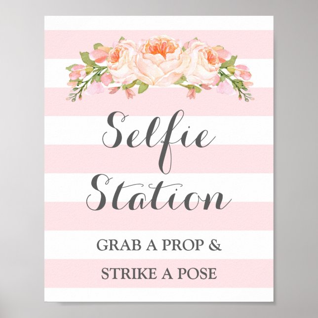 Selfie Station Bröllopsskylt Rosa Blommor Ränder Poster (Framsidan)