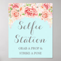 Selfie Station Bröllopsskylt Rosa Vattenfärg Blå
