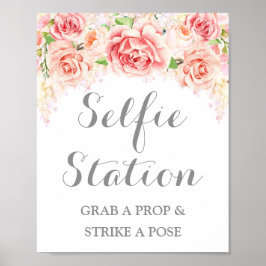 Selfie Station Bröllopsskylt Rosa Vattenfärg Blomm Poster