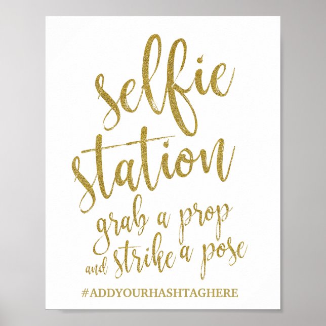 Selfie Station Guld Glitter 8 x 10 Bröllop-tecken Poster (Framsidan)