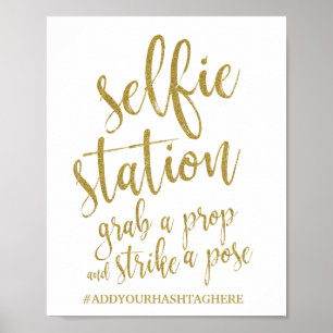 Selfie Station Guld Glitter 8x10 Bröllopsskylt Poster