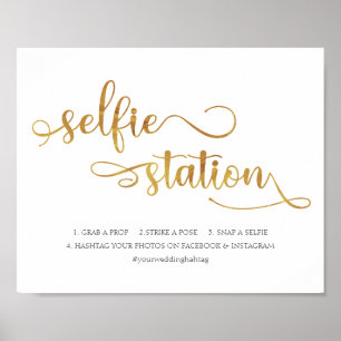 "Selfie Station" guld vit Trendig Bröllopsskylt Poster