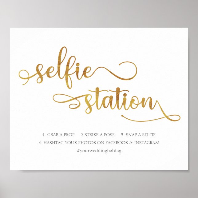 "Selfie Station" guld vit trendig vigselskylt Poster (Framsidan)