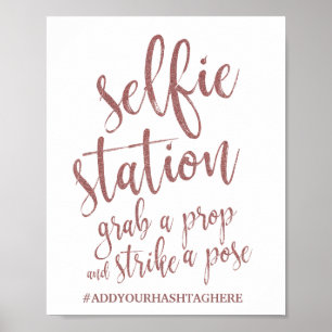 Selfie Station Rose Gold Glitter 8x10 Bröllopsskyl Poster