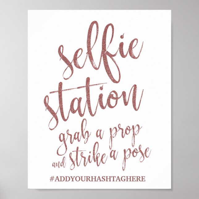 Selfie Station Rose Gold Glitter 8x10 Bröllopsskyl Poster (Framsidan)