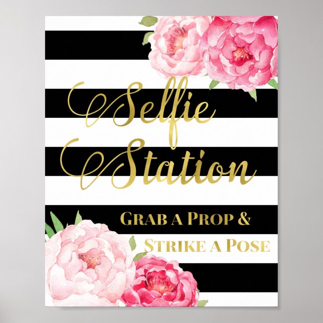 Selfie Station Sign Rosa Blommigt Guld Black Rand Poster (Framsidan)