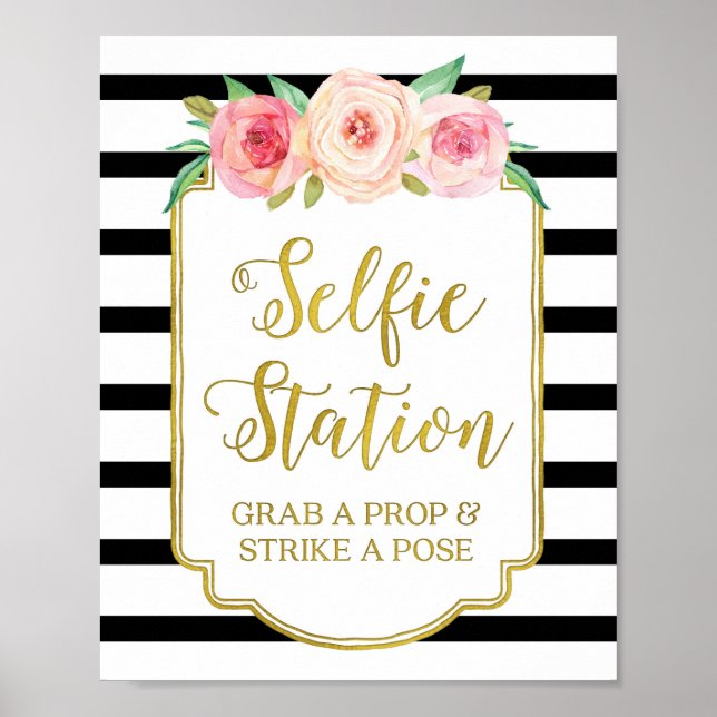 Selfie Station Sign Rosa Blommigt Guld Black Rand Poster (Framsidan)
