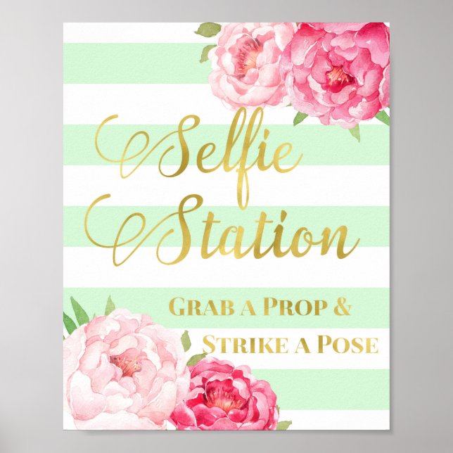 Selfie Station Sign Rosa Blommigt Guld Mint Rand Poster (Framsidan)