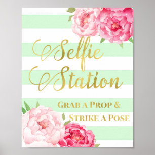 Selfie Station skylt Rosa Blommig Guld Mint Ränder