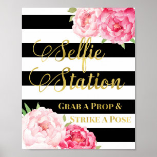 Selfie Station skylt Rosa Blommig Guld Svarta Ränd