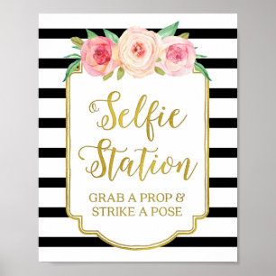 Selfie Station skylt Rosa Blommig Guld Svarta Ränd