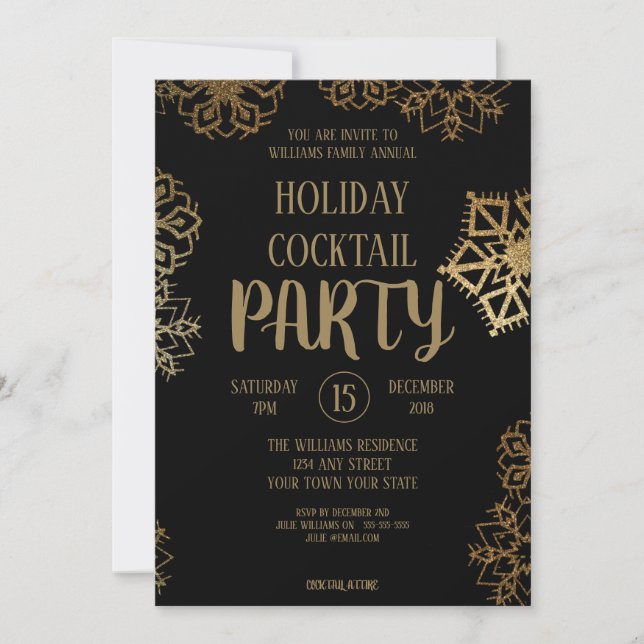 Semester Cocktailparty | Svart och guldglitter Inbjudningar (Framsida)