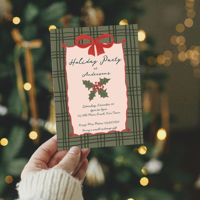 Semesterfest firande vintage retro ränder jul inbjudningar (Holiday party vintage retro hand drawn stripes green plaid  red bow christmas party invitation cards)