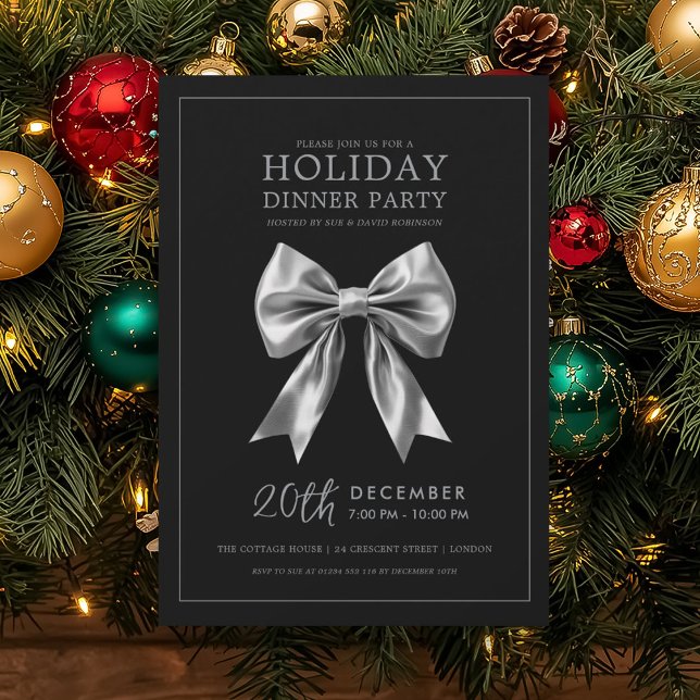 Semesterfest middag jul silkeslen silver slinga sv inbjudningar (Holiday Dinner Party Silver Satin Bow Black Invitation)