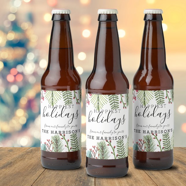Semesterlöv Jul Personlig Ölflaska Etikett (Holiday Foliage Christmas Personalized Beer Bottle Label)