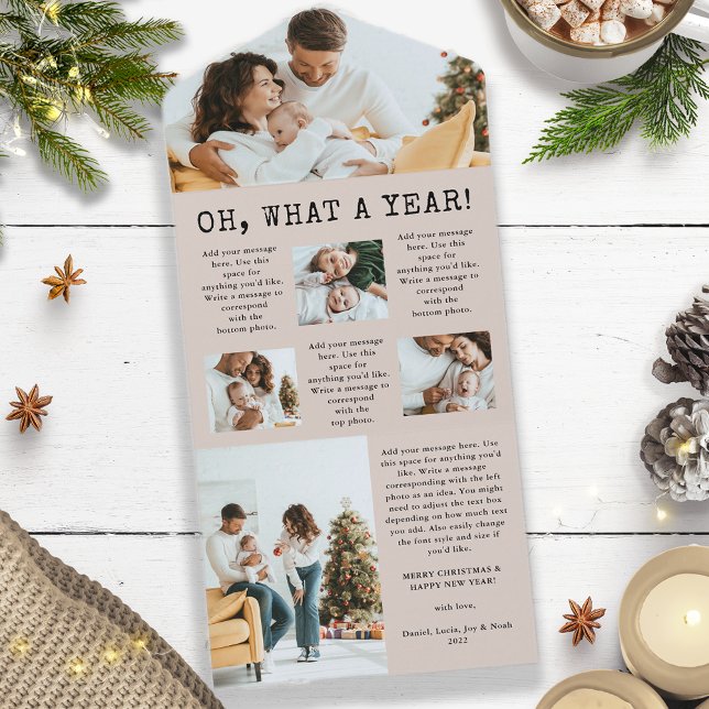 Semesternytt Brev Trefaldig Kort (Oh, What A Year Christmas New Year Holiday Newsletter Card - Tan and Black)