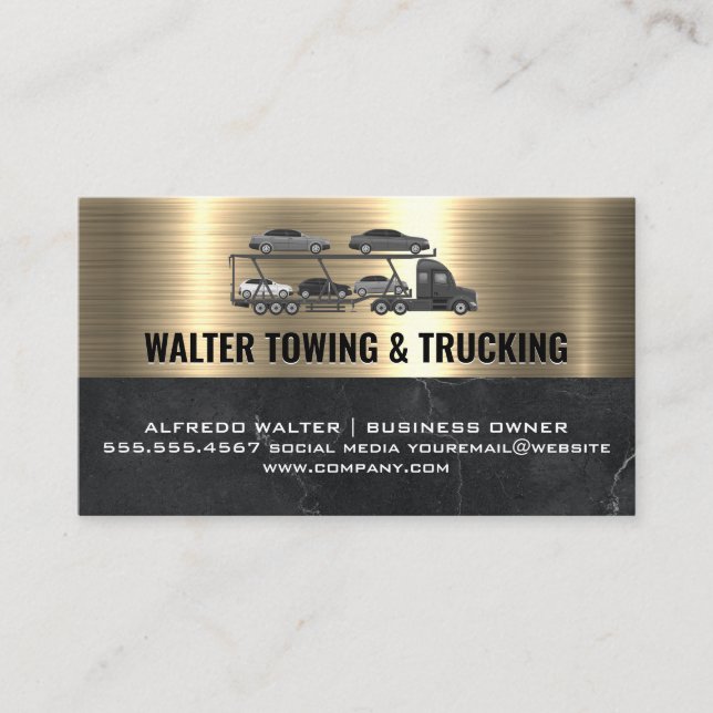 Semi Lastbil Hauling Cars | Metallic Guld Marble Visitkort (Framsida)