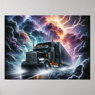 Semi Lastbil i en Vibrant Lighfall Storm Poster