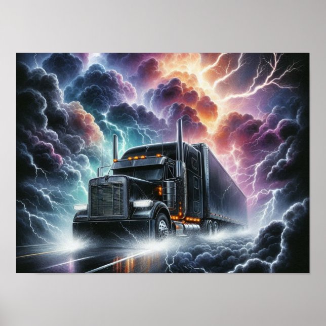 Semi Lastbil i en Vibrant Lighfall Storm Poster (Framsidan)