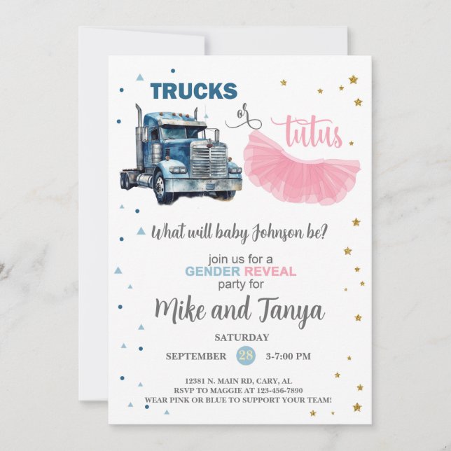 Semi Trucks or Tutus gender reveal invitation. Inbjudningar (Framsida)
