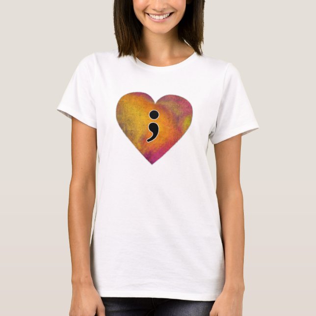 Semiolon Watercolor Heart Mental Health Awareness T Shirt (Framsida)