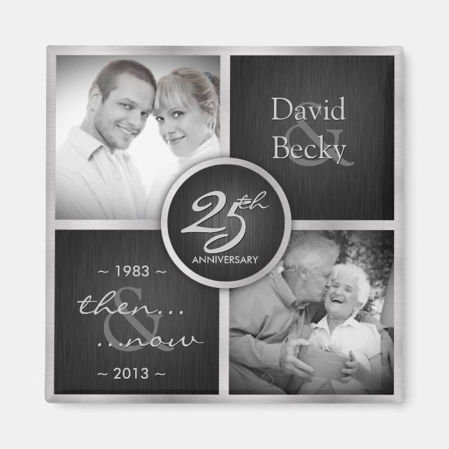 Sen & Now Elegant Black och Silver 25 Bröllop Magnet (Framsidan)