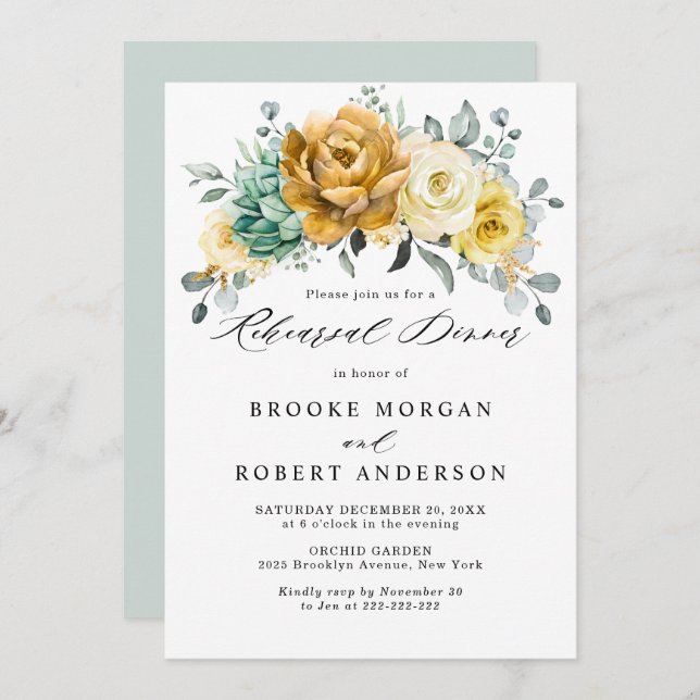 Senap Gult Blommigt Sage Grönt Rehearsal Middag Inbjudningar (Fram/baksida)