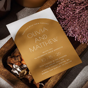 Senap gult modern typografbåge bröllop + QR Inbjudningar