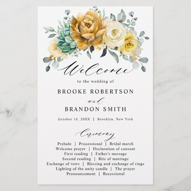 Senap gult sage greenery Bröllopsprogram (Framsida)